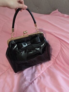 Patent Bow Top-Handle Handbag in Black